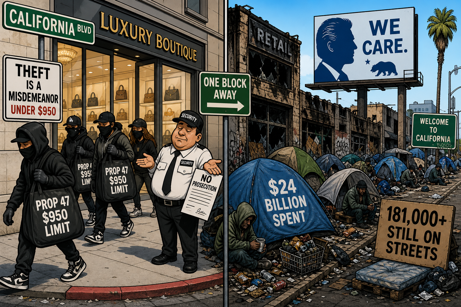 Editorial cartoon: California smash-and-grab theft enabled by Prop 47 and homeless encampments
