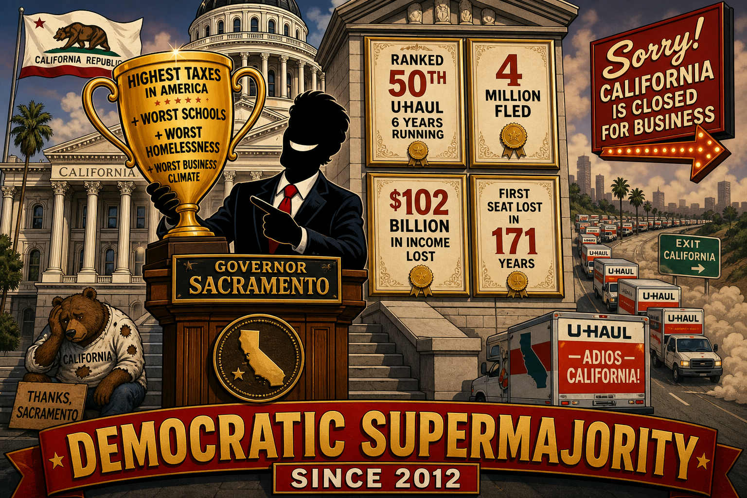 Editorial cartoon: California Democratic supermajority and Gavin Newsom's governance failure record