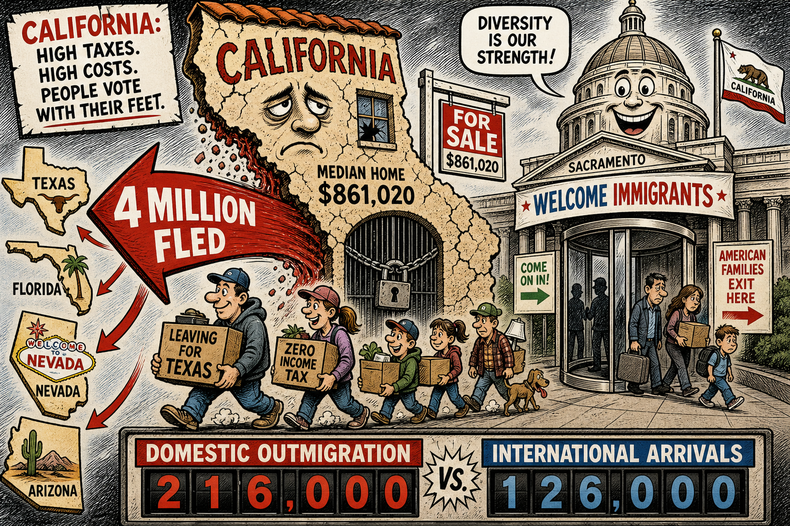 4 Million Americans Left California in 24 Years. Newsom's International Immigration Cushion Just Ran Out of Road.