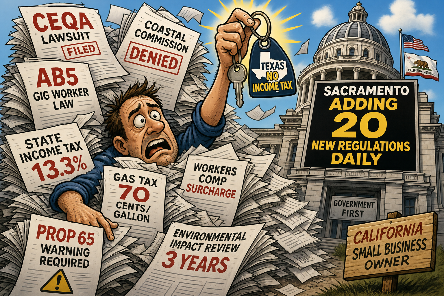 Editorial cartoon: California business owner buried under CEQA, AB5, and regulatory paperwork fleeing to Texas