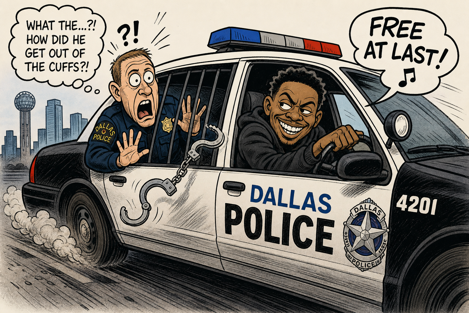 Handcuffed Suspect Slips Cuffs, Steals Dallas Police Cruiser With Officer Trapped in the Back Seat.