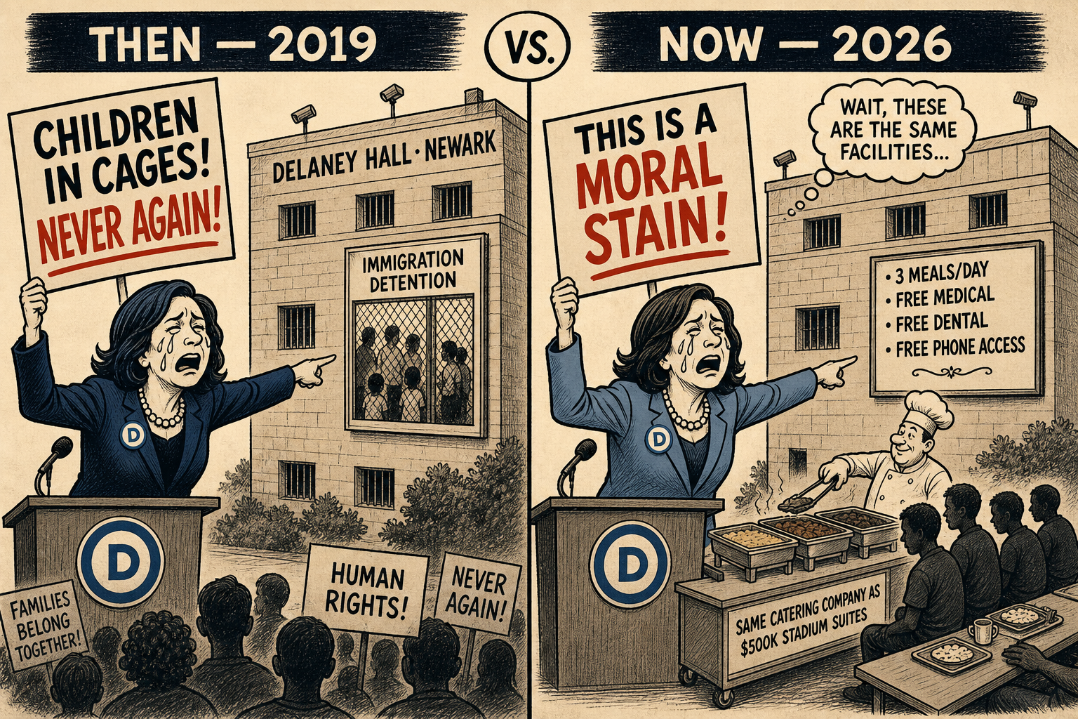 Editorial cartoon: Democratic politicians demanding five-star accommodations for ICE detainees while ignoring their criminal records