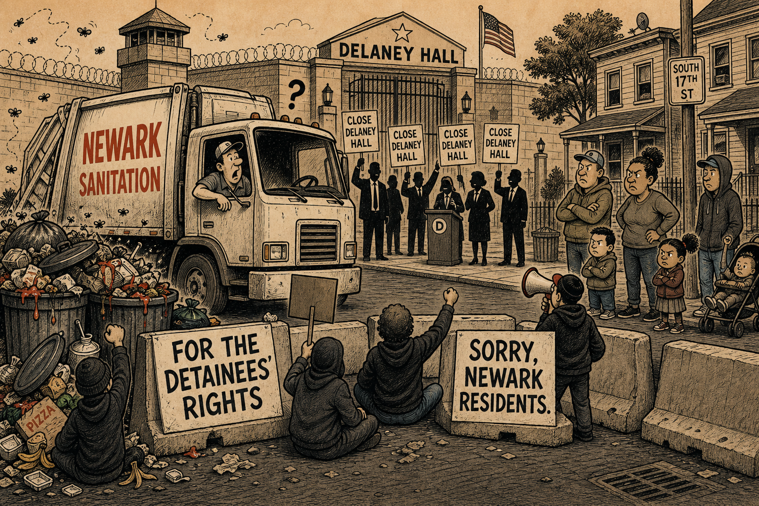 Editorial cartoon: protesters blocking trash trucks with concrete blocks outside Delaney Hall ICE detention facility