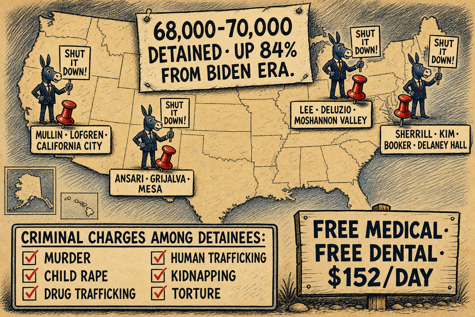 Editorial cartoon: map of Democratic politicians visiting ICE facilities across America — PA, CA, AZ, NJ — while detainees include murderers and child rapists