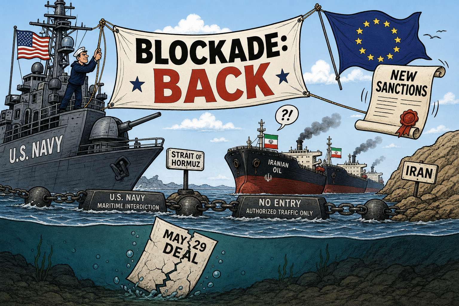 The Iran Ceasefire Lasted Seven Days. Now the Blockade Is Back — and the EU Just Sanctioned the Drone Network.