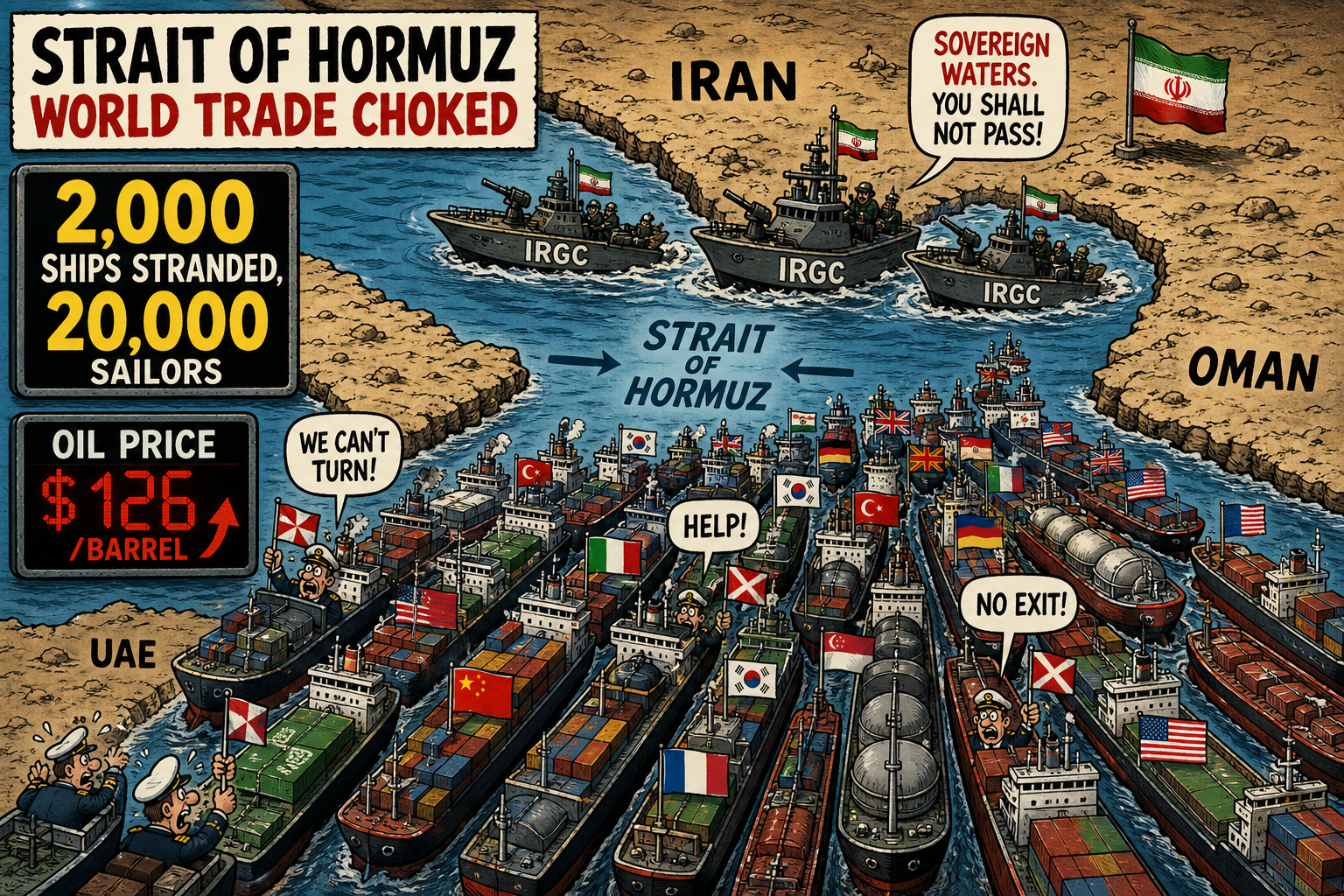 Ships stranded in the Persian Gulf during the 2026 Hormuz crisis — 2,000 vessels, 20,000 sailors, the largest maritime disruption since World War II.