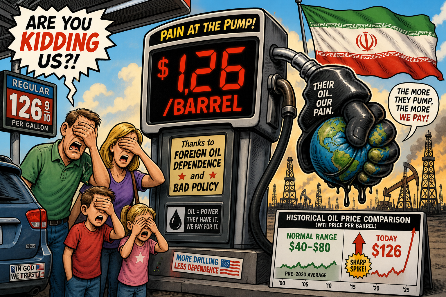 Oil price spike chart showing Brent crude at $126/barrel, Dubai crude at $166, and US gasoline prices during the 2026 Hormuz crisis.