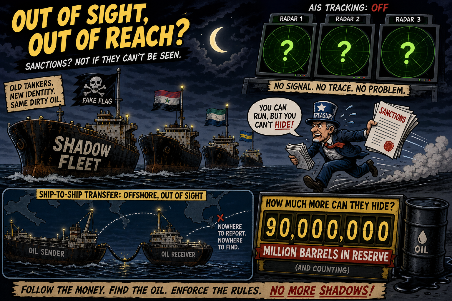 Iran's shadow fleet tankers with AIS transponders disabled — aging vessels used to circumvent US naval blockade and export Iranian crude oil.
