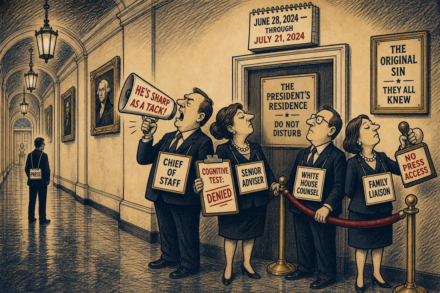 Editorial cartoon: Biden inner-circle advisors blocking press access and denying cognitive testing — the cover-up from June 28 through July 21, 2024.