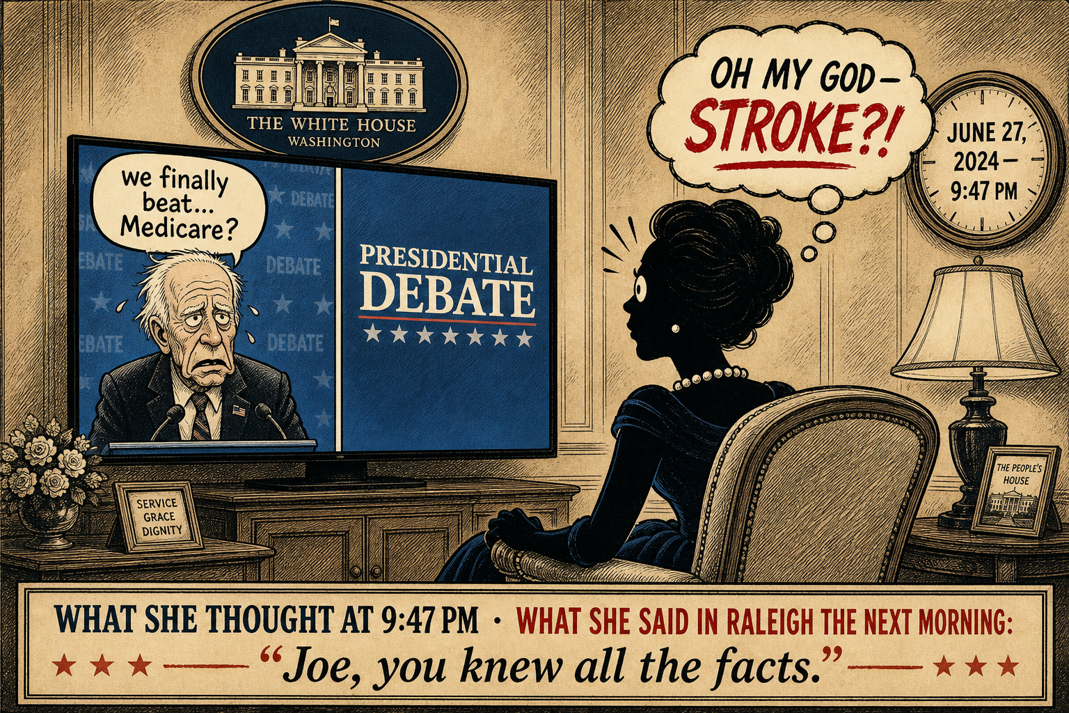 Editorial cartoon: Jill Biden watching the June 2024 debate in private terror, thinking Joe was having a stroke — contrasted with her public Raleigh rally praise the next morning.