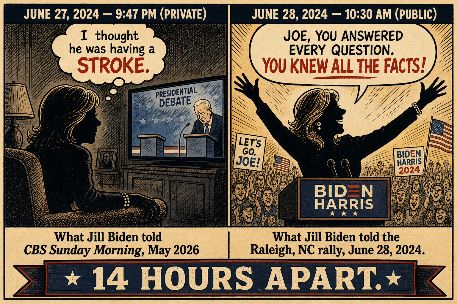 Editorial cartoon: the private 'Oh my God, he's having a stroke' moment vs. Jill Biden's public Raleigh rally praise 14 hours later — June 27-28, 2024.
