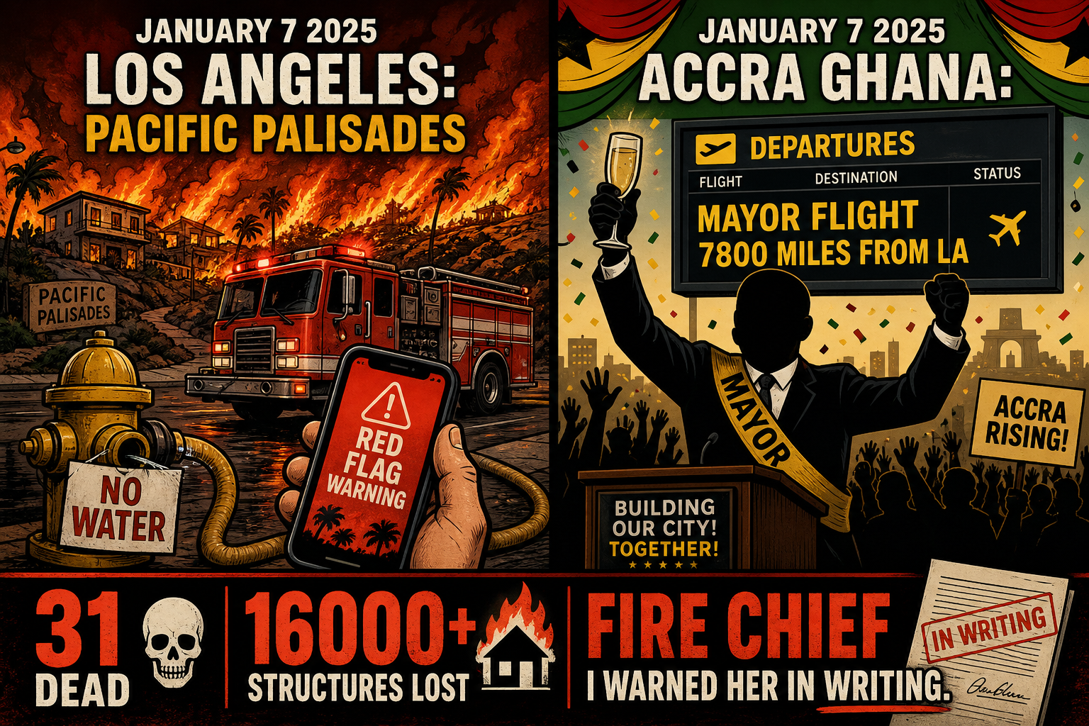 Karen Bass in Ghana January 7, 2025 — the day the Palisades Fire ignited while she was 7,800 miles away.