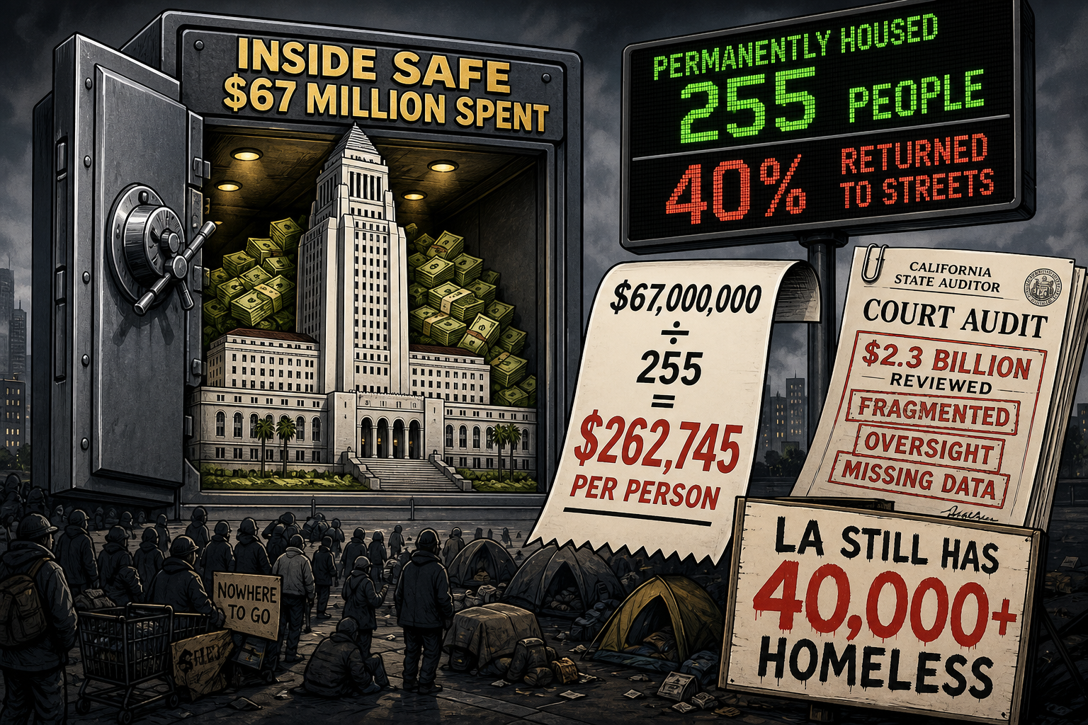 Inside Safe: $67 million spent, 255 permanently housed, 40% returned to streets — Karen Bass's signature homelessness program.