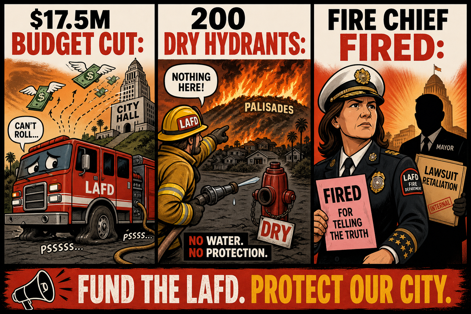 Karen Bass LAFD failures — $17.5M cut, 200 dry hydrants, Fire Chief Crowley fired for telling the truth.
