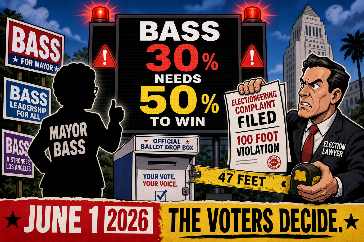 Karen Bass polling at 30% — needs 50% to win outright — and facing electioneering complaint for filming campaign video at ballot drop box.