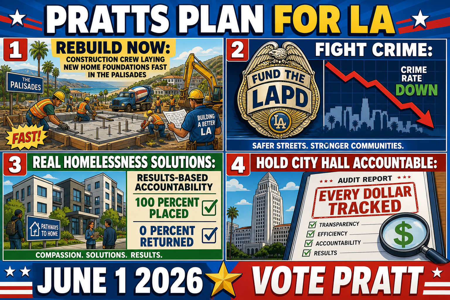 Spencer Pratt's plan for LA: rebuild the Palisades, fight crime, real homelessness solutions, hold city hall accountable.