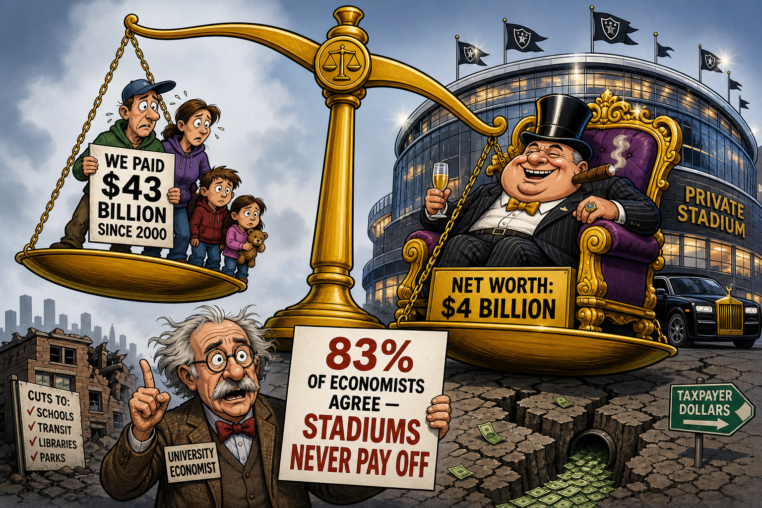 Cartoon illustration of billionaire sports franchise owners receiving a massive taxpayer check while economists shake their heads