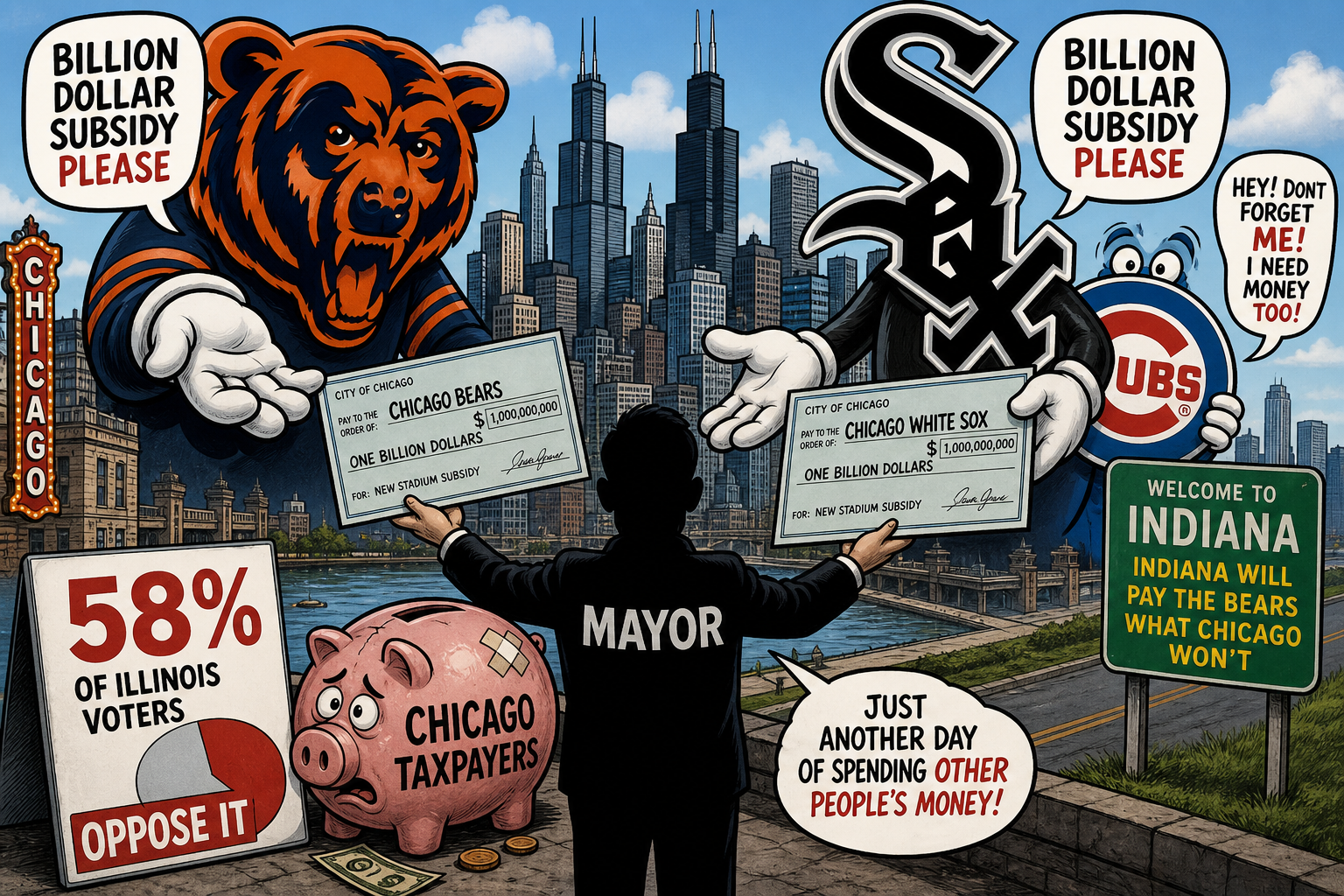 Cartoon illustration of Chicago Bears and White Sox stadium subsidy battle, Mayor Johnson and Governor Pritzker