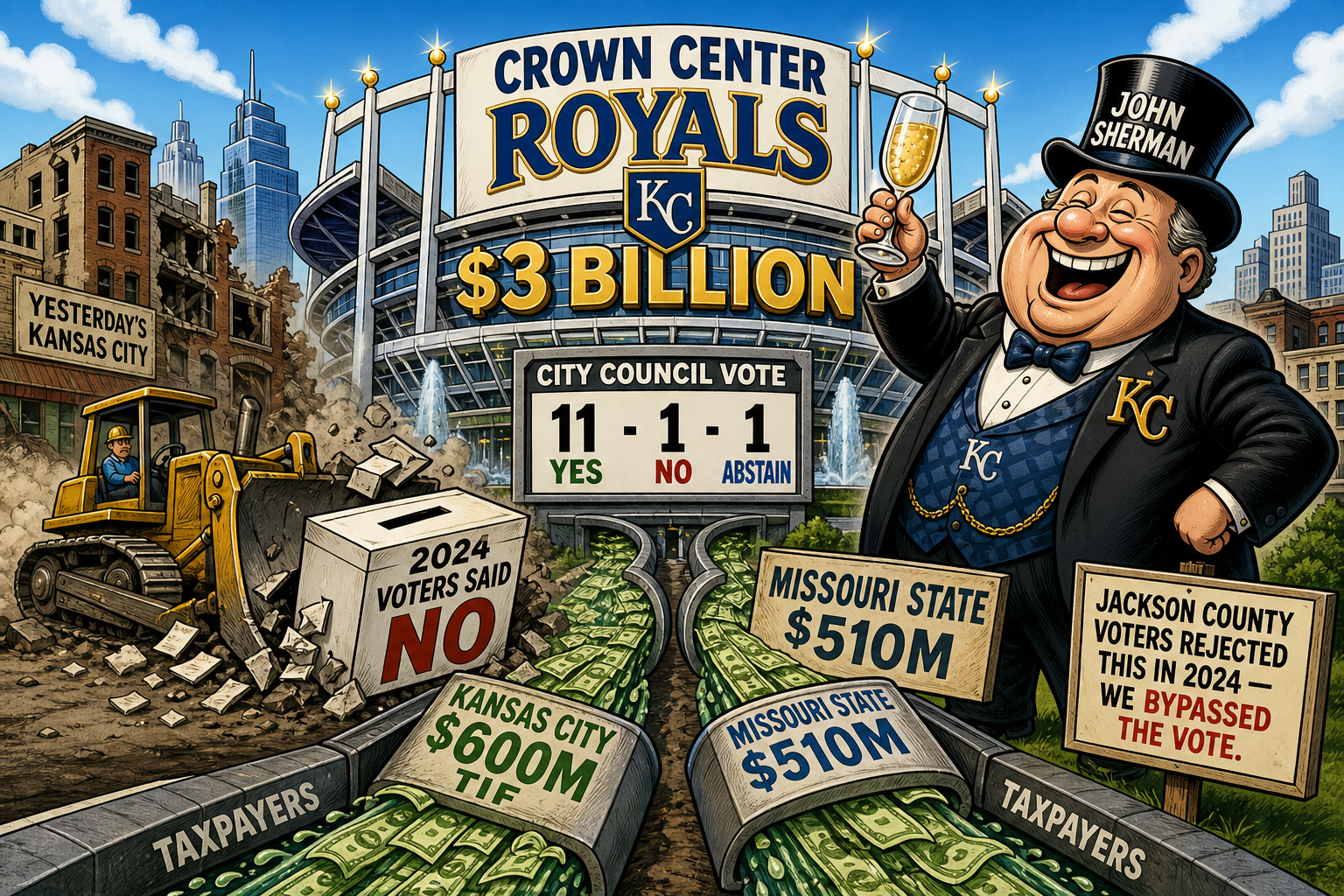 Cartoon illustration of Kansas City Crown Center Royals stadium deal — voters rejected, TIF bonds approved anyway